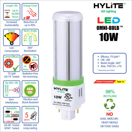 Hylite LED Omni Repl Lamp for 18W/26W/32W CFL, 10W, 750 Lumens, 4000K, G24 HL-OBA-10W-G24-40K